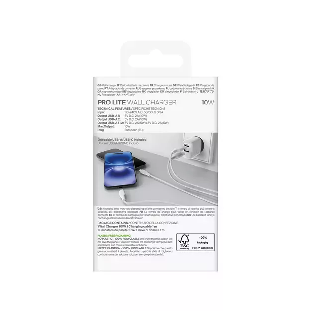 Puro PROLITE 10W 2x USB-A wall charger + USB-A - USB-C cable 1.2m - white 2