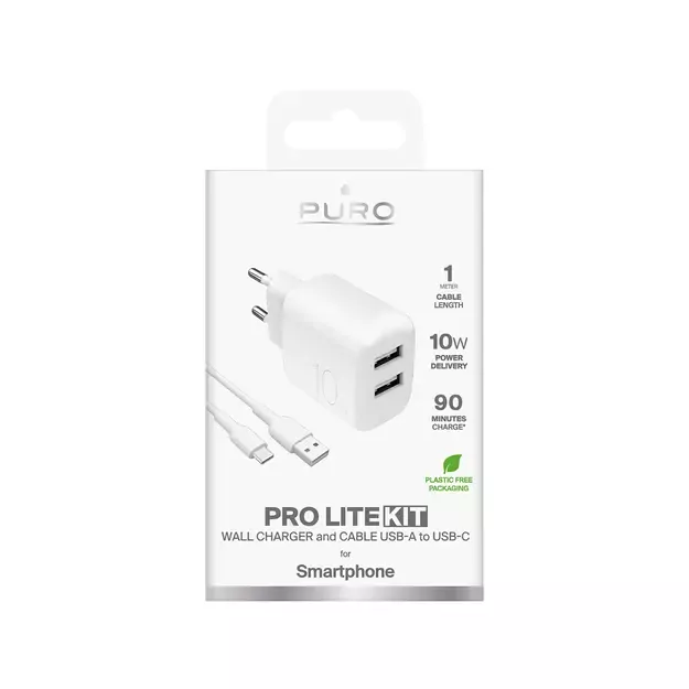 Puro PROLITE 10W 2x USB-A wall charger + USB-A - USB-C cable 1.2m - white 1