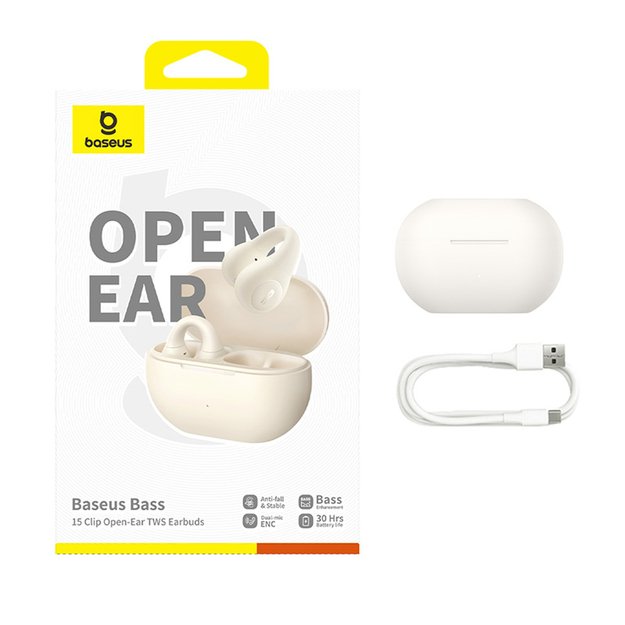 Baseus Bass 15 Clip OWS Wireless Headphones with Baseus Simple USB-C 3A 30cm Cable - White 7