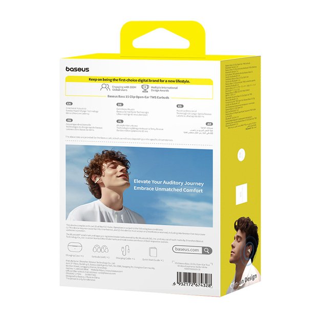 Baseus Bass 15 Clip OWS Wireless Headphones with Baseus Simple USB-C 3A 30cm Cable - White 6