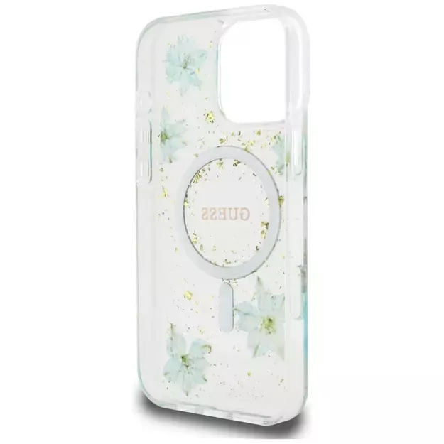 Guess Resin Flowers Glitter MagSafe iPhone 16 Pro Max Case - Clear Green 6