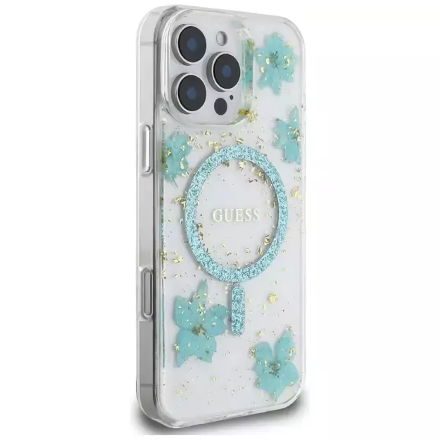 Guess Resin Flowers Glitter MagSafe iPhone 16 Pro Max Case - Clear Green 3