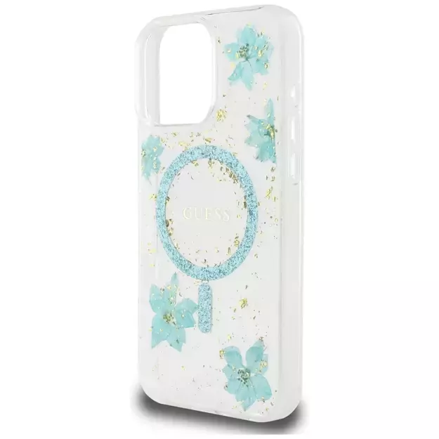 Guess Resin Flowers Glitter MagSafe iPhone 16 Pro Max Case - Clear Green 5