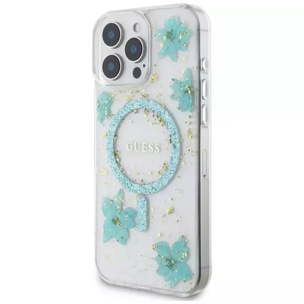 Guess Resin Flowers Glitter MagSafe iPhone 16 Pro Max Case - Clear Green 1