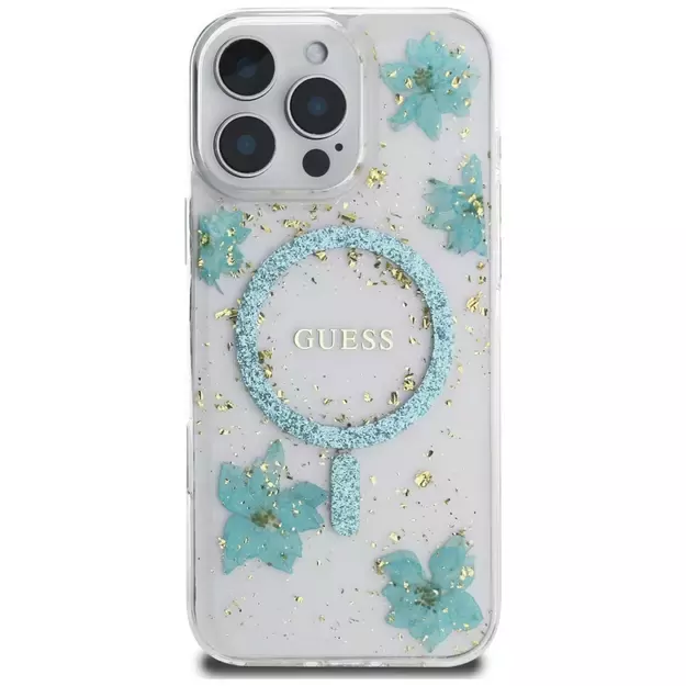 Guess Resin Flowers Glitter MagSafe iPhone 16 Pro Max Case - Clear Green 2