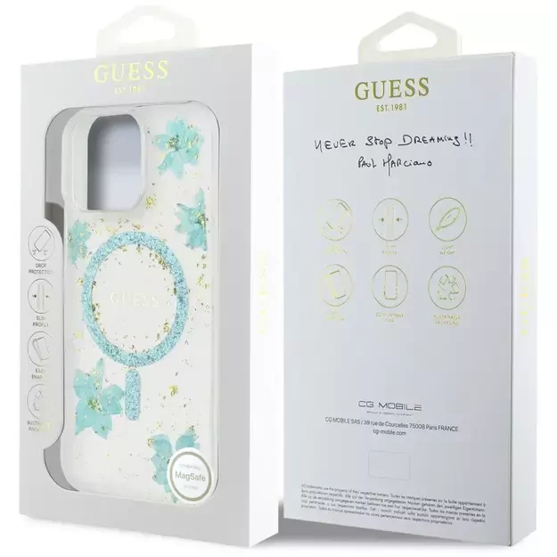 Guess Resin Flowers Glitter MagSafe iPhone 16 Pro Max Case - Clear Green 7