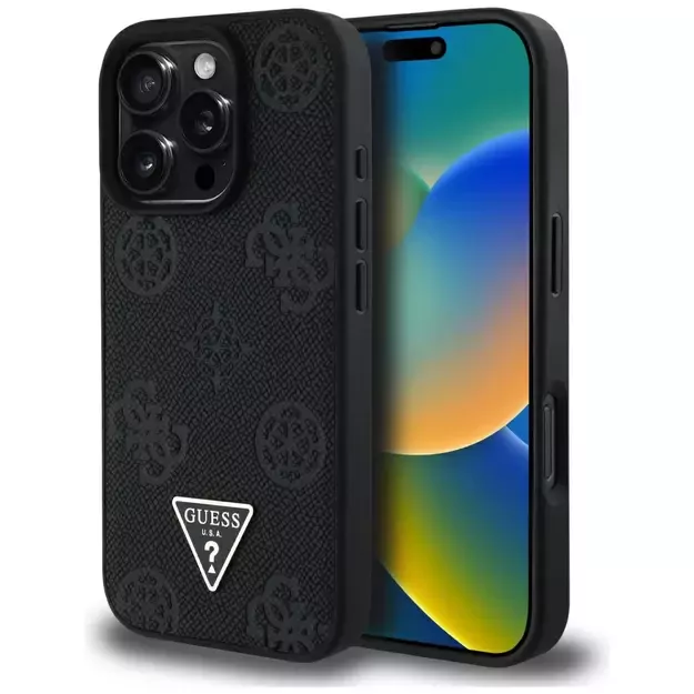 Guess Grained Hot Stamp Peony Triangle Logo MagSafe Case for iPhone 16 Pro Max - Black