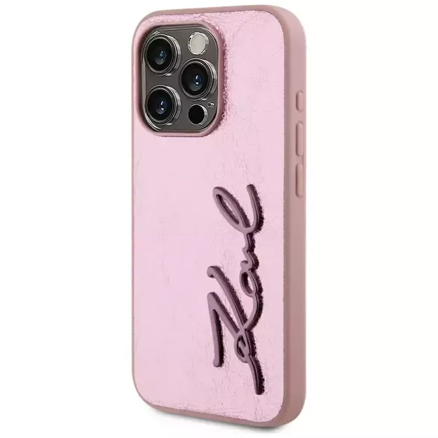 Karl Lagerfeld Wrinkled Metal Signature iPhone 15 Pro Case - Pink 1