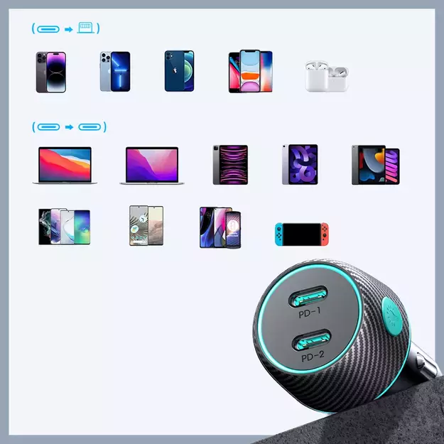 2x USB C 70W car charger with LED backlight Joyroom JR-CCN02 - black 13