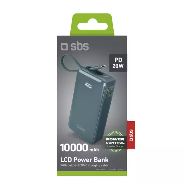 Powerbank SBS 10000 mAh 20W with built-in USB-C cable and digital display - gray 1