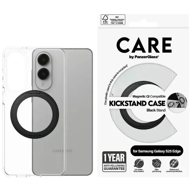 CARE by PanzerGlass Feature Black Kickstand &amp  QI Case for Samsung Galaxy S25 Edge - Transparent