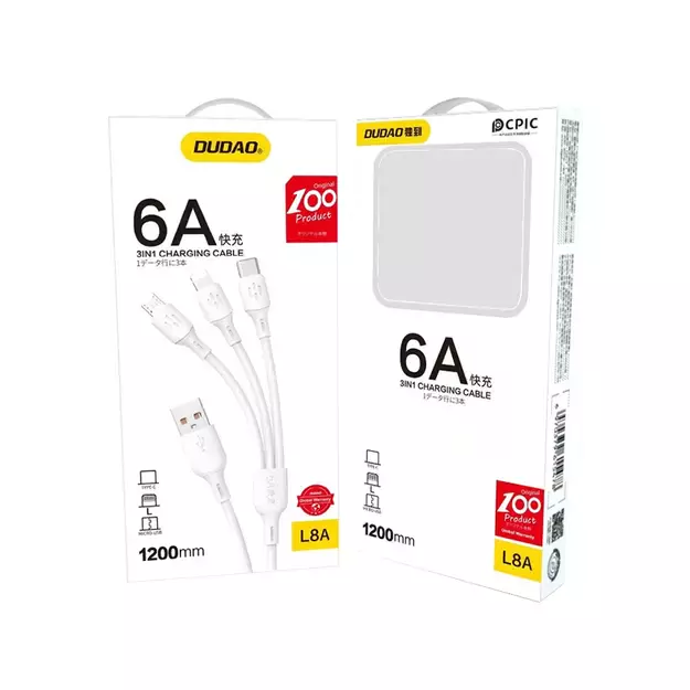 USB cable - USB C / micro USB / Lightning 480Mb/s 6A 1.2m - white 8