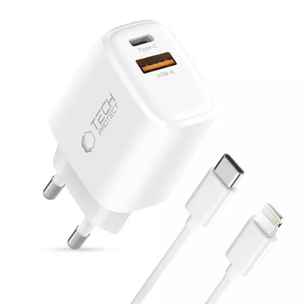 Tech-Protect NCA20 PD 20W QC3.0 USB-A / USB-C Wall Charger + USB-C / Lightning Cable 100cm - White 1