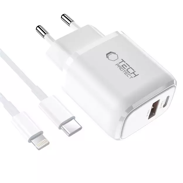 Tech-Protect NCA20 PD 20W QC3.0 USB-A / USB-C Wall Charger + USB-C / Lightning Cable 100cm - White 2