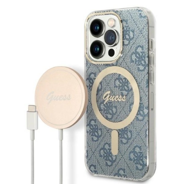 Set Guess GUBPP14LH4EACSB Case+ Charger iPhone 14 Pro 6.1  blue/blue hard case 4G Print MagSafe