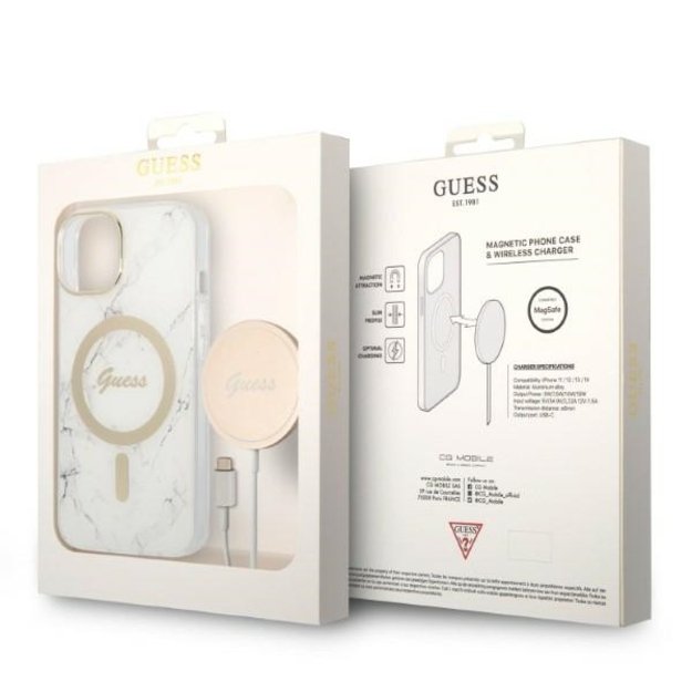 Set Guess GUBPP14MHMEACSH Case+ Charger iPhone 14 Plus 6.7  white/white hard case Marble MagSafe 9