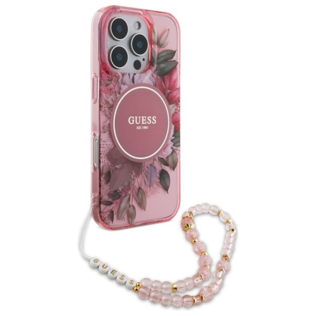 Guess IML Flowers With Pearl Strap MagSafe iPhone 16 Pro Case - Pink 2