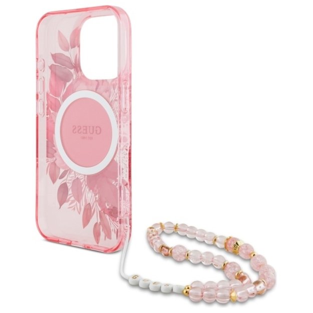 Guess IML Flowers With Pearl Strap MagSafe iPhone 16 Pro Case - Pink 5