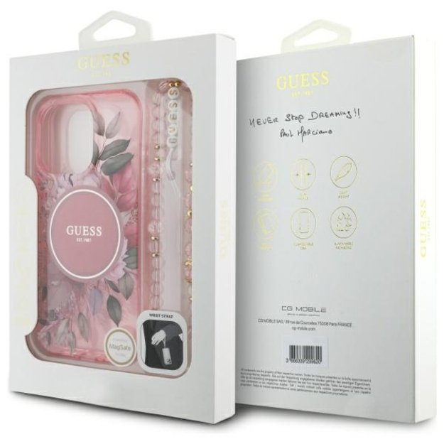 Guess IML Flowers With Pearl Strap MagSafe iPhone 16 Pro Case - Pink 6