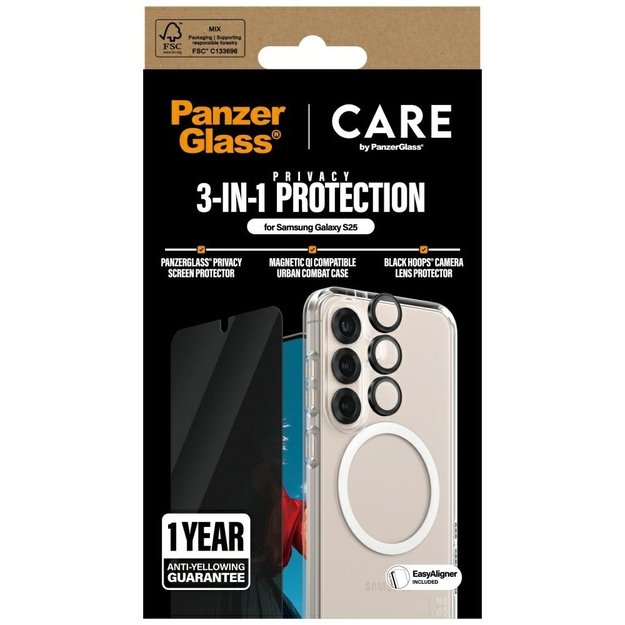 CARE by PanzerGlass Flagship 3in1 Case + Privacy Glass + Lens for Samsung Galaxy S25 3