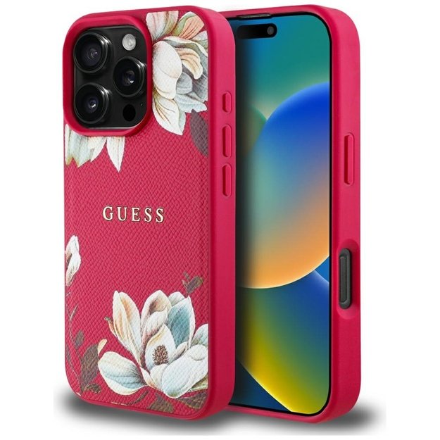 Guess Grained Printed Flower Pattern MagSafe case for iPhone 16 Pro fuchsia
