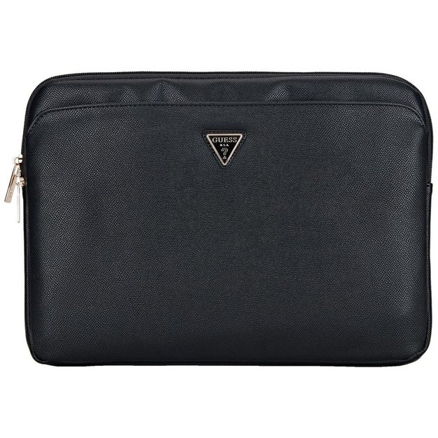 Guess Sleeve Grained Zipper Pocket Triangle Logo 14&quot  Laptop Bag - Black