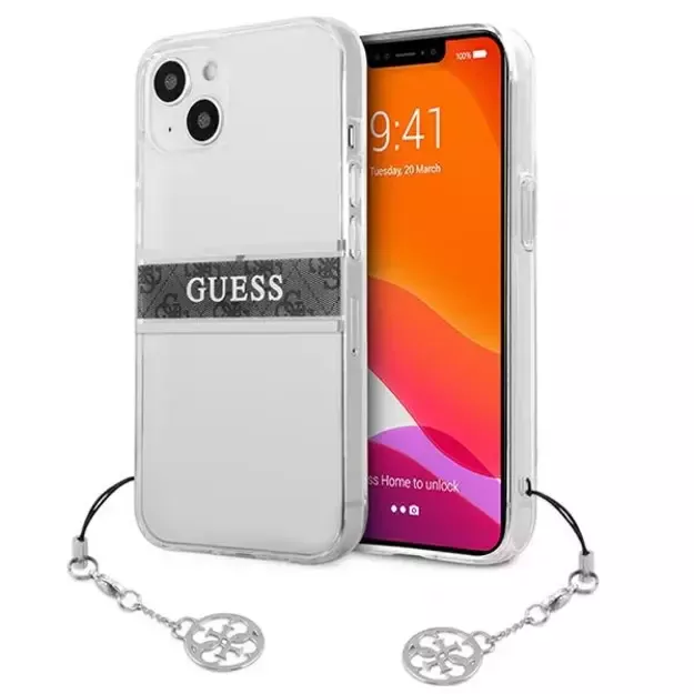 Guess GUHCP13SKB4GGR iPhone 13 mini 5.4&quot  Transparent hardcase 4G Gray Strap Charm