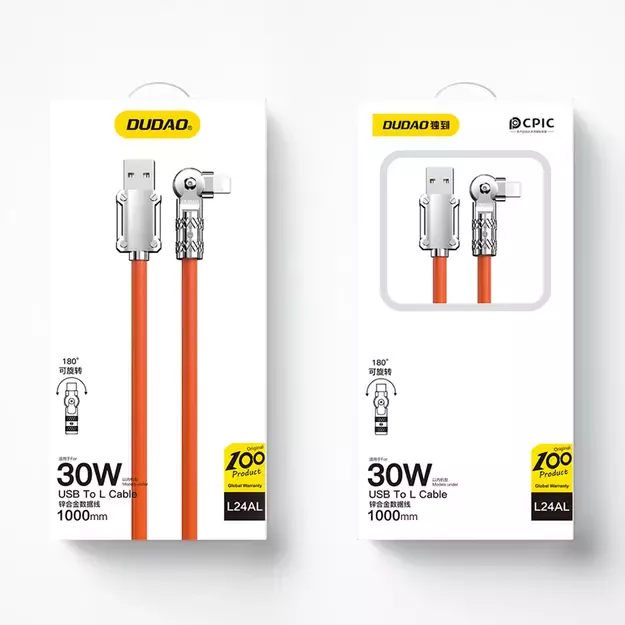 Dudao L24AL USB-A - Lightning angled cable with 180° rotation 30W 1m - orange 8