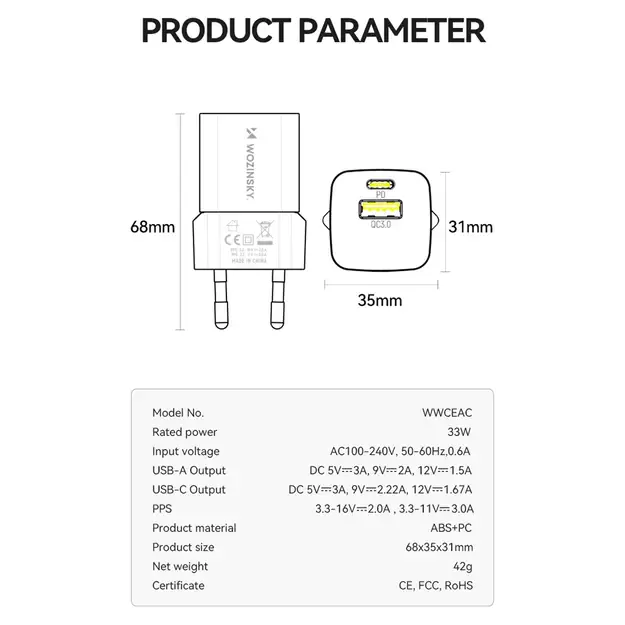 Wozinsky WWCEAC GaN USB-A USB-C 33W wall charger - white 5