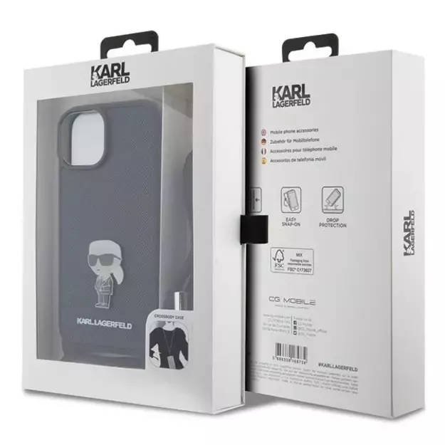 Karl Lagerfeld Crossbody Saffiano Monogram Metal Pin Karl & Choupette Case for iPhone 15 - Black 6