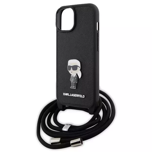 Karl Lagerfeld Crossbody Saffiano Monogram Metal Pin Karl & Choupette Case for iPhone 15 - Black 4