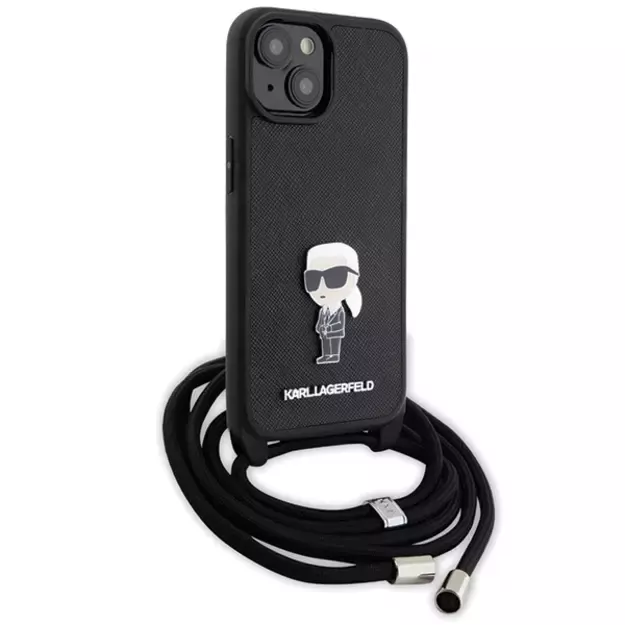 Karl Lagerfeld Crossbody Saffiano Monogram Metal Pin Karl & Choupette Case for iPhone 15 - Black 2