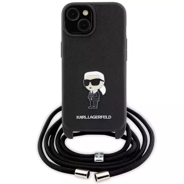 Karl Lagerfeld Crossbody Saffiano Monogram Metal Pin Karl & Choupette Case for iPhone 15 - Black 1