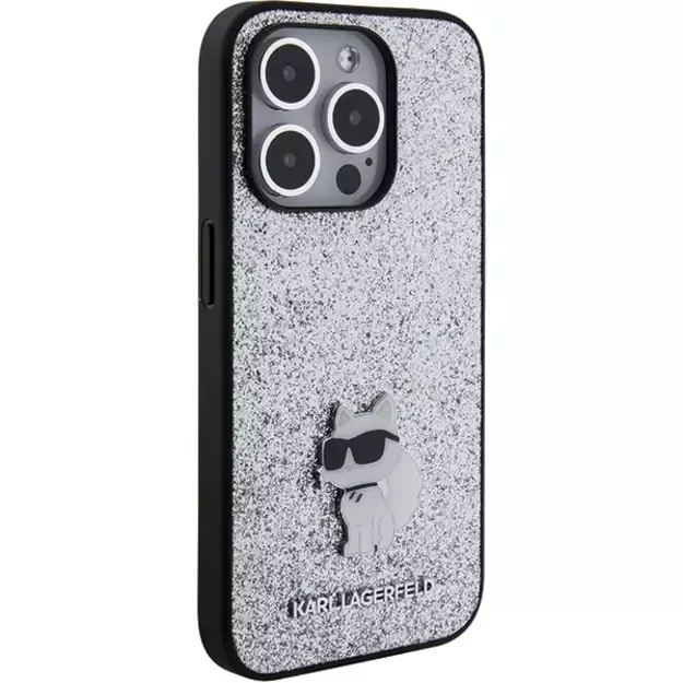 Karl Lagerfeld Fixed Glitter Choupette Logo Metal Pin Case for iPhone 15 Pro Max - Silver 3