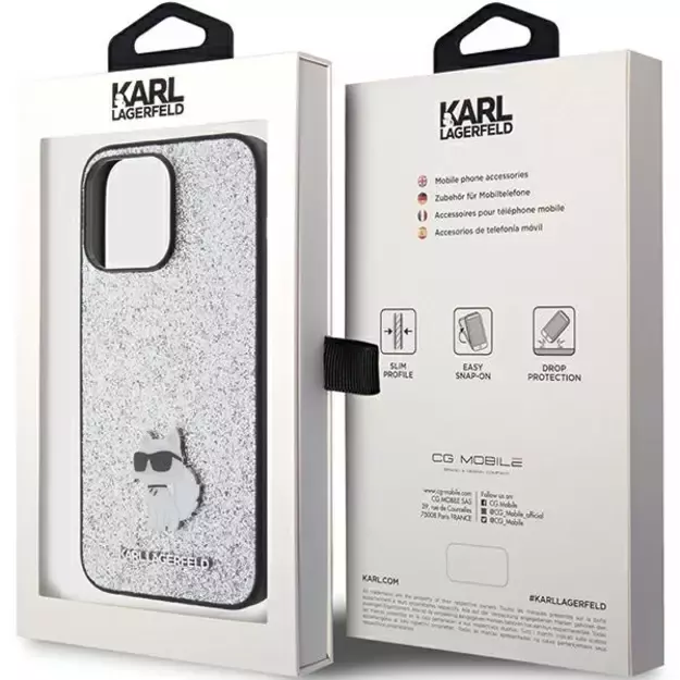 Karl Lagerfeld Fixed Glitter Choupette Logo Metal Pin Case for iPhone 15 Pro Max - Silver 7