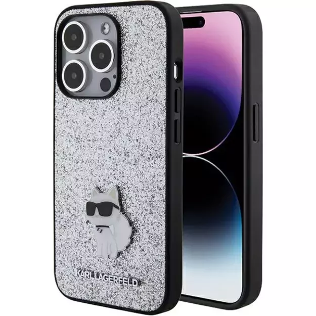 Karl Lagerfeld Fixed Glitter Choupette Logo Metal Pin Case for iPhone 15 Pro Max - Silver