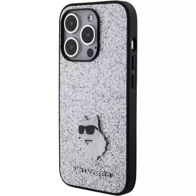 Karl Lagerfeld Fixed Glitter Choupette Logo Metal Pin Case for iPhone 15 Pro Max - Silver 1