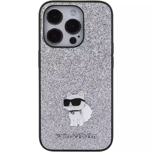 Karl Lagerfeld Fixed Glitter Choupette Logo Metal Pin Case for iPhone 15 Pro Max - Silver 2