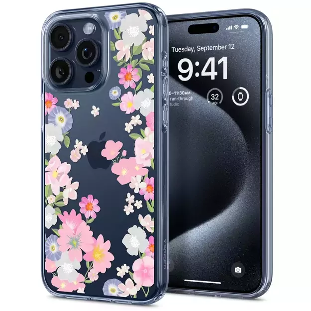 Spigen Liquid Crystal iPhone 15 Pro Case - Pink and Blue Flowers 8