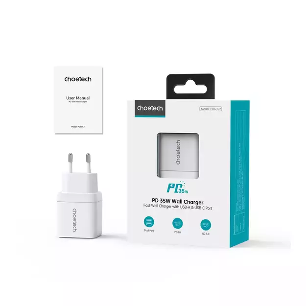 Choetech PD6052 USB-C USB-A PD 35W GaN wall charger with display - white 3
