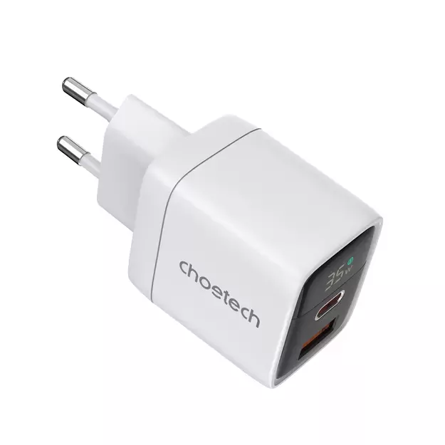 Choetech PD6052 USB-C USB-A PD 35W GaN wall charger with display - white 1