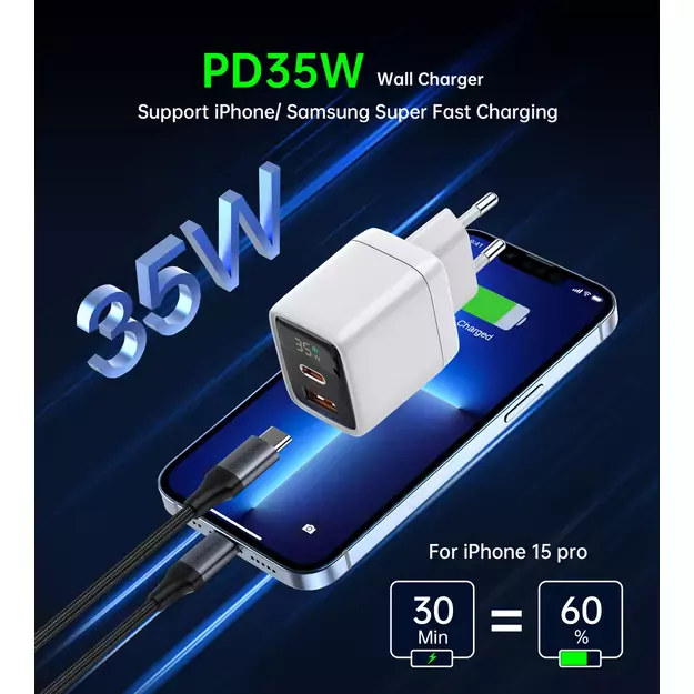 Choetech PD6052 USB-C USB-A PD 35W GaN wall charger with display - white 4
