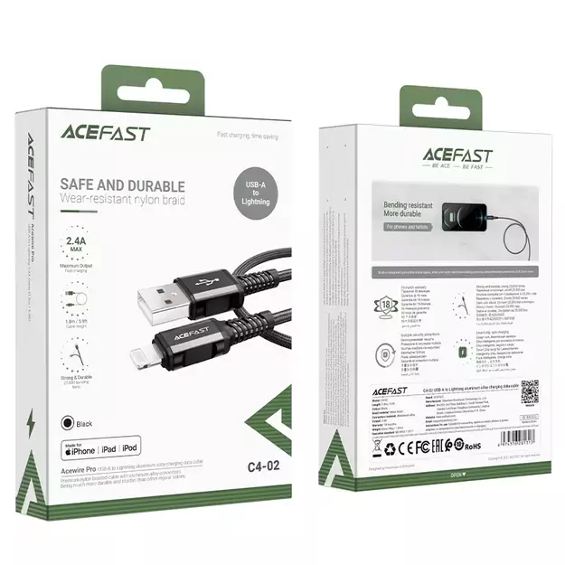 Acefast MFI USB - Lightning cable 1.8m, 2.4A black (C4-02 A Black) 4