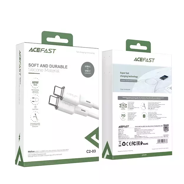 Acefast C2-03-CC USB-C - USB-C PD QC cable 60W 3A 480Mb/s 1.2m - white 4