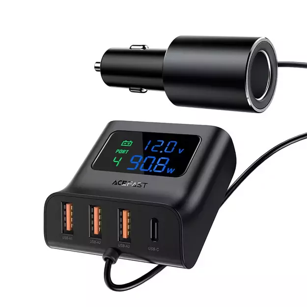 Acefast car charger 90W USB Type C / 3x USB / cigarette lighter socket, PPS, PD3.0, QC3.0, AFC, FCP charging station black (B8 black) 1