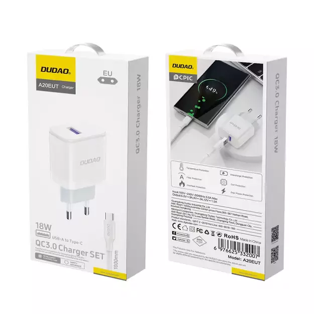 Dudao A20EU USB-A 18W wall charger - white + USB-A - USB-C cable 1