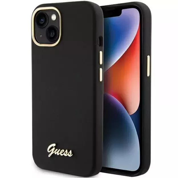 Guess Silicone Script Metal Logo &amp  Frame case for iPhone 15 - black