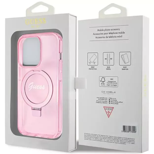 Guess Ring Stand Script Glitter MagSafe case for iPhone 15 Pro - pink 7