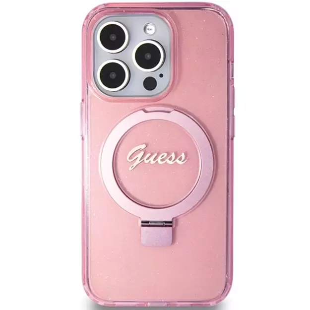 Guess Ring Stand Script Glitter MagSafe case for iPhone 15 Pro - pink 2