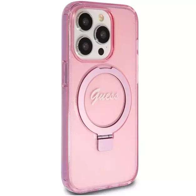 Guess Ring Stand Script Glitter MagSafe case for iPhone 15 Pro - pink 3